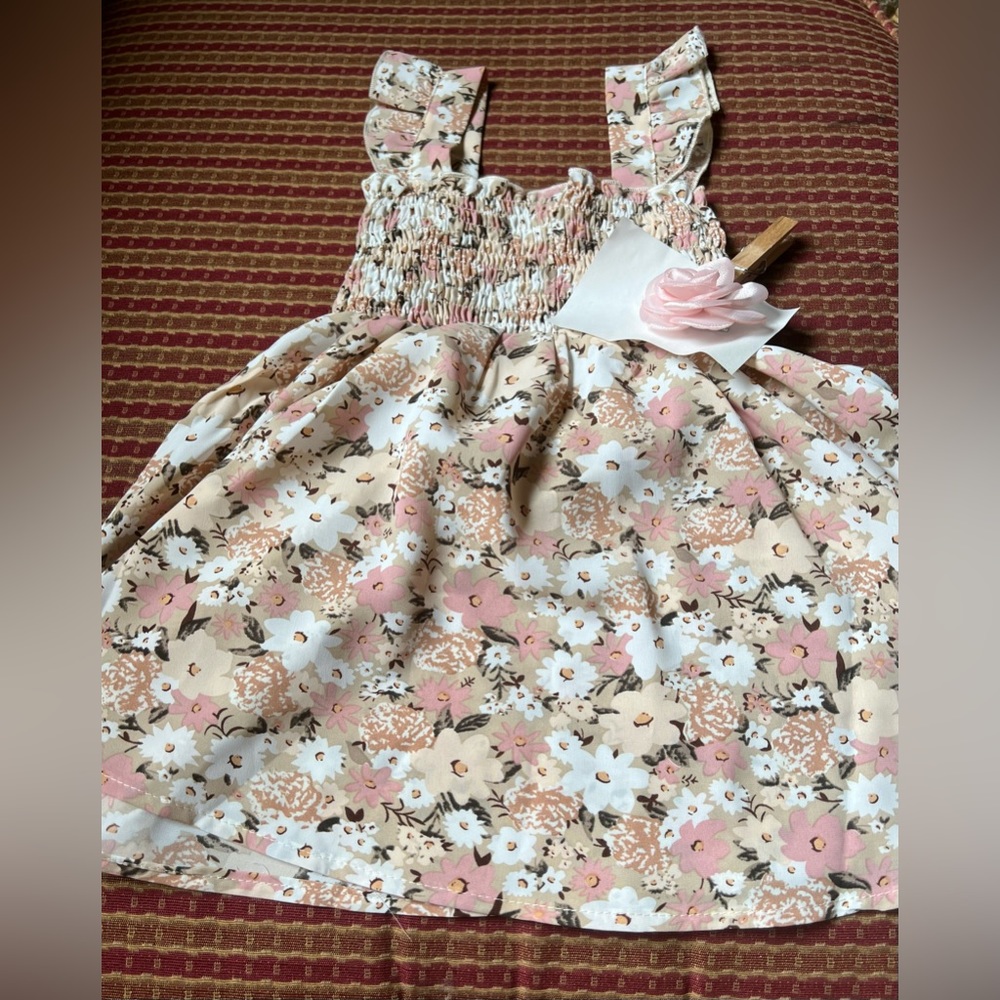 New Baby Girl Pink Floral Smocked and Ruffled Dress &  Hair Bow Set Size 12/18 M